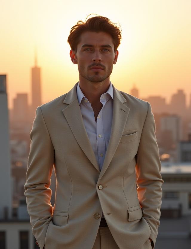 カスタムメイドされたリネンのブレザーを着た男性が東京の屋上から街を眺める